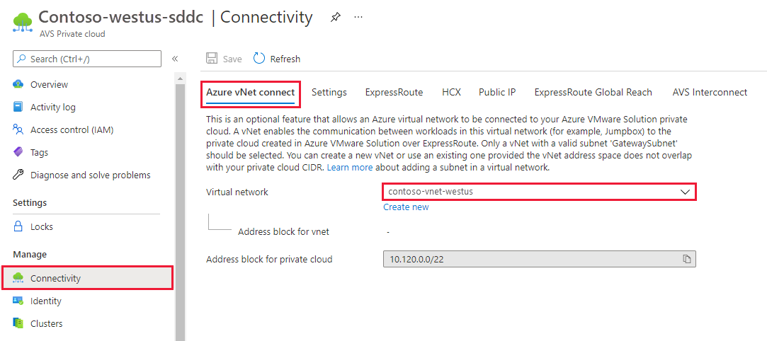 Screenshot che mostra la scheda Connessione rete virtuale di Azure con una rete virtuale esistente selezionata.