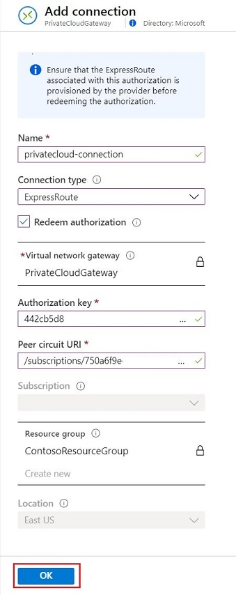 Screenshot che mostra il riquadro per l'aggiunta di una connessione ExpressRoute a un gateway di rete virtuale.