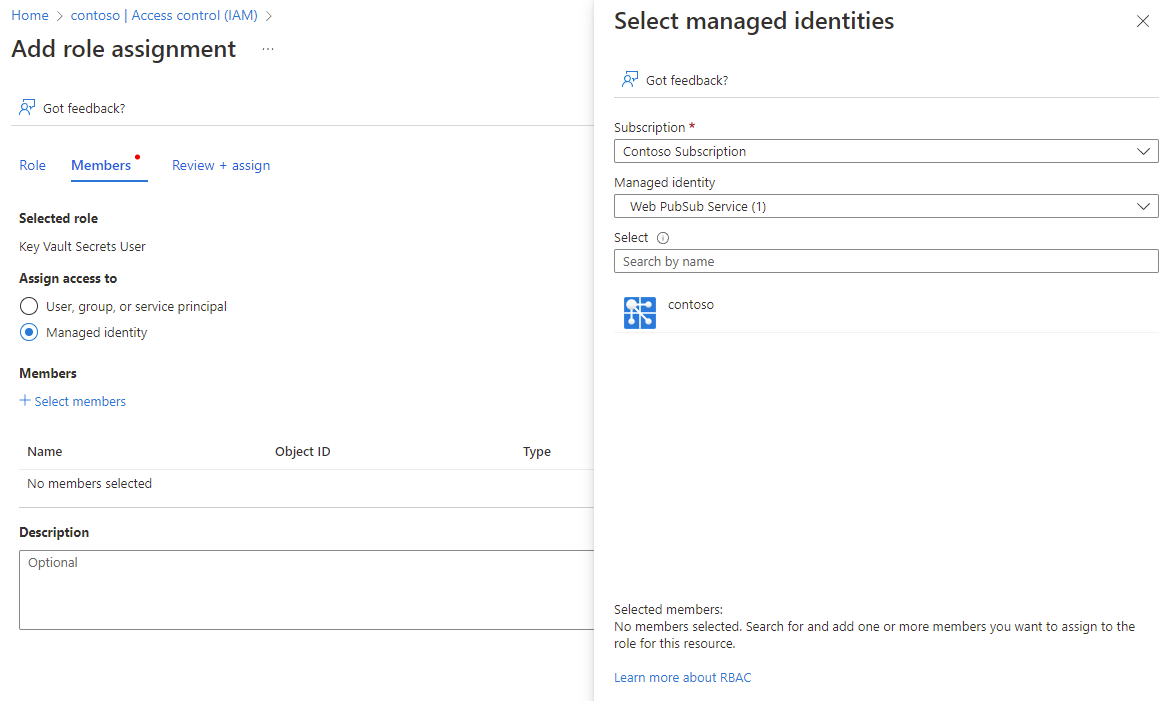 Screenshot che mostra la scheda Membri quando si aggiunge un'assegnazione di ruolo a un insieme di credenziali delle chiavi.