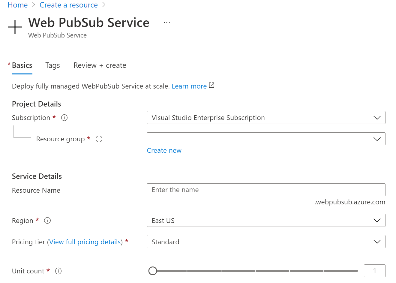 Screenshot della creazione dell'istanza Azure Web PubSub nel portale.