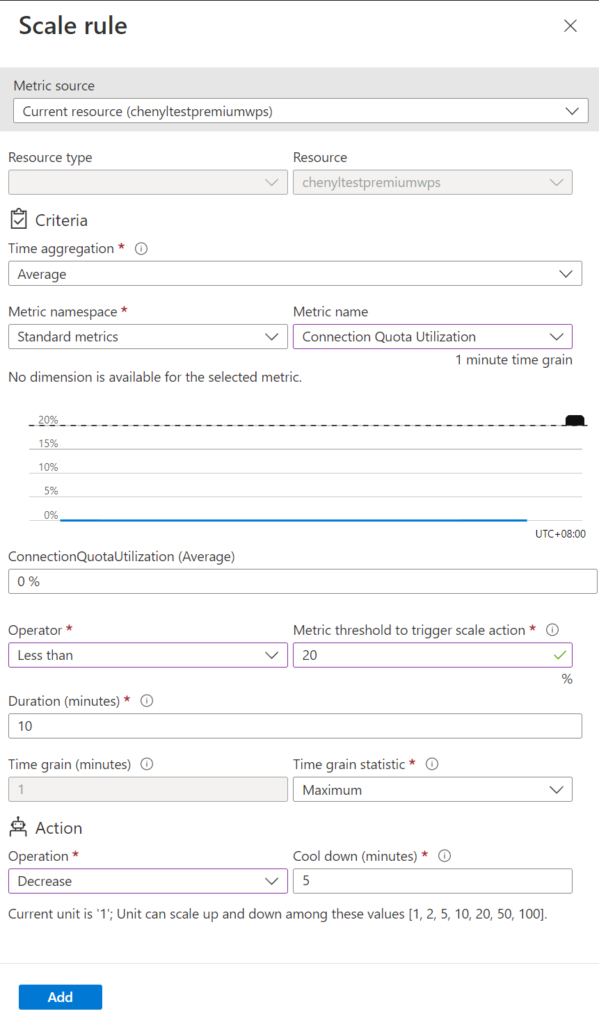 Screenshot della regola di scalabilità utilizzo quota di connessione.