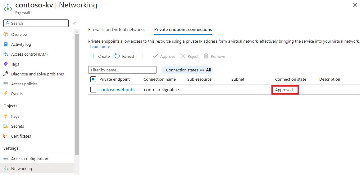 Screenshot del portale di Azure che mostra lo stato Approvato nel riquadro Connessioni endpoint privato.