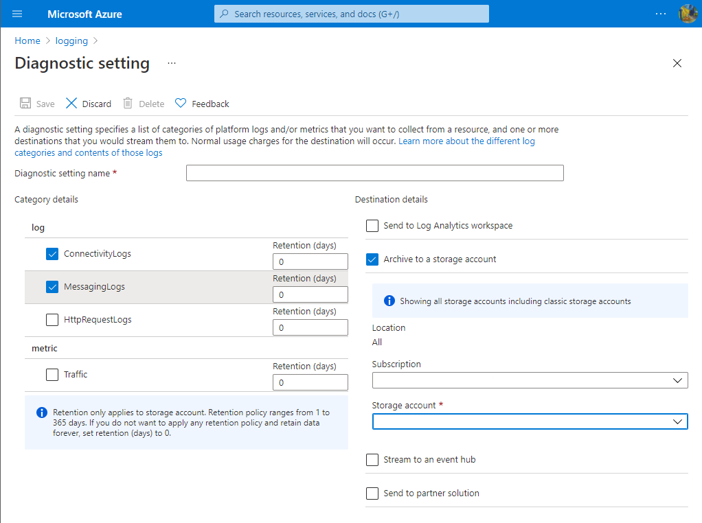 Screenshot della configurazione dell'impostazione di diagnostica.