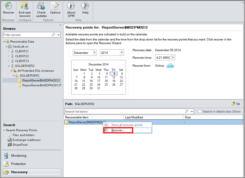 Screenshot shows how to select a database to recover from Azure.