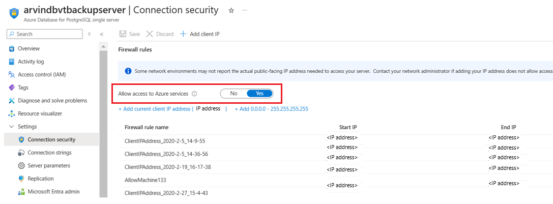 Screenshot showing how to allow access to Azure services.