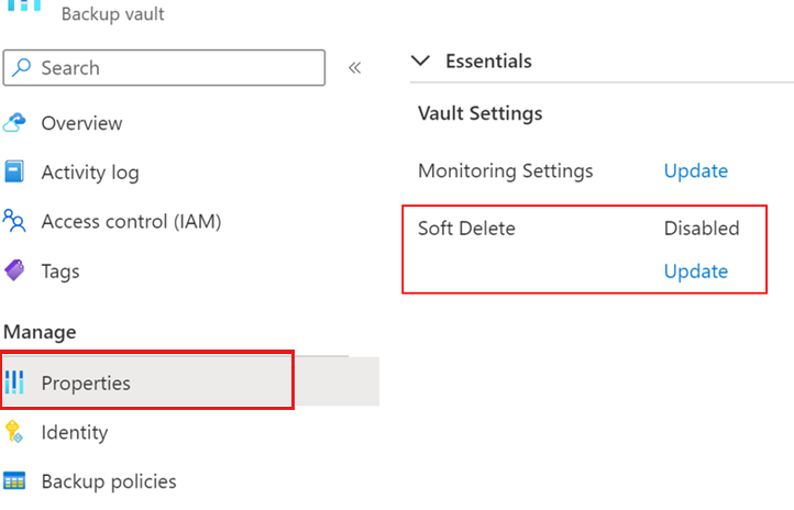 Screenshot che mostra come aprire il pannello eliminazione temporanea per l'insieme di credenziali di Backup.