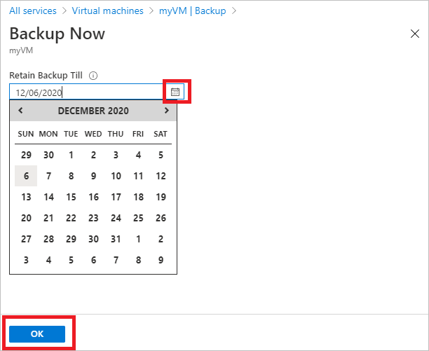 Screenshot che mostra il calendario Esegui backup ora.