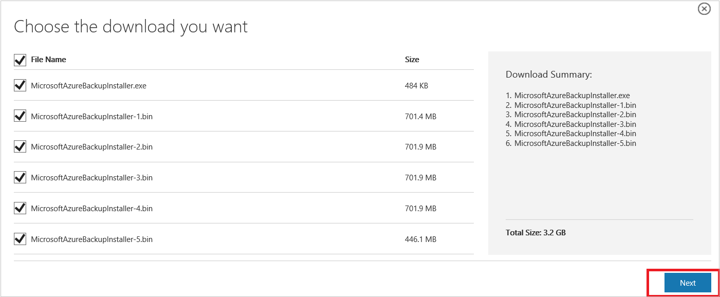 Screenshot che mostra i file di Microsoft Backup di Azure da scaricare.