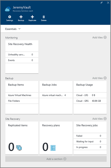 Screenshot che mostra il dashboard dell'insieme di credenziali.