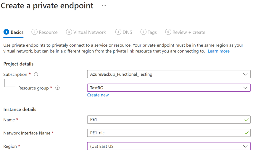 Screenshot che mostra la pagina Crea un endpoint privato per immettere i dettagli per la creazione dell'endpoint.