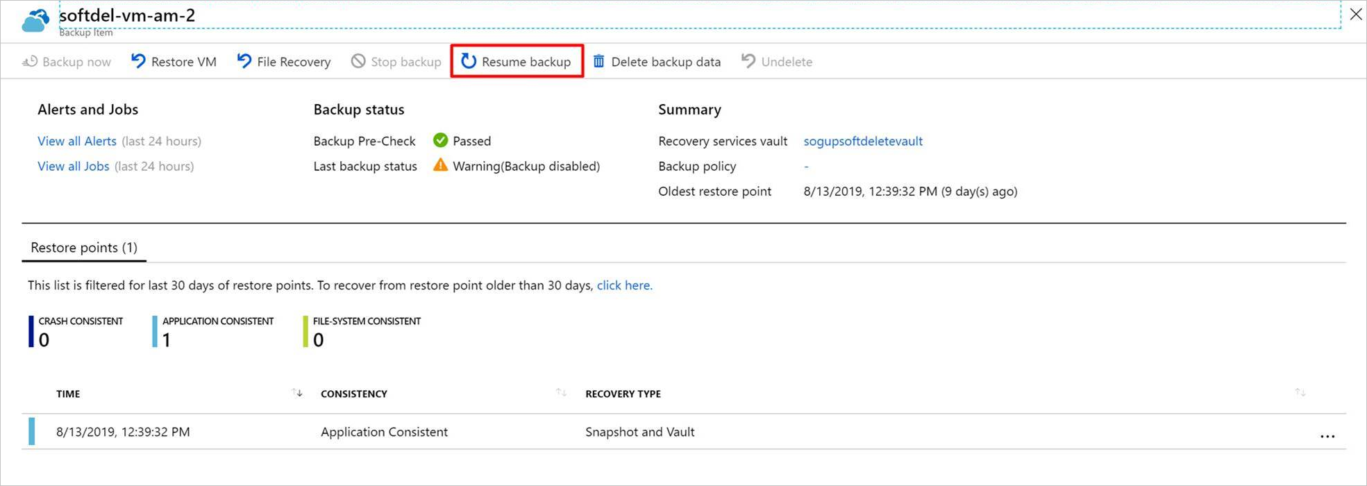 Screenshot del portale di Azure, opzione Riprendi backup