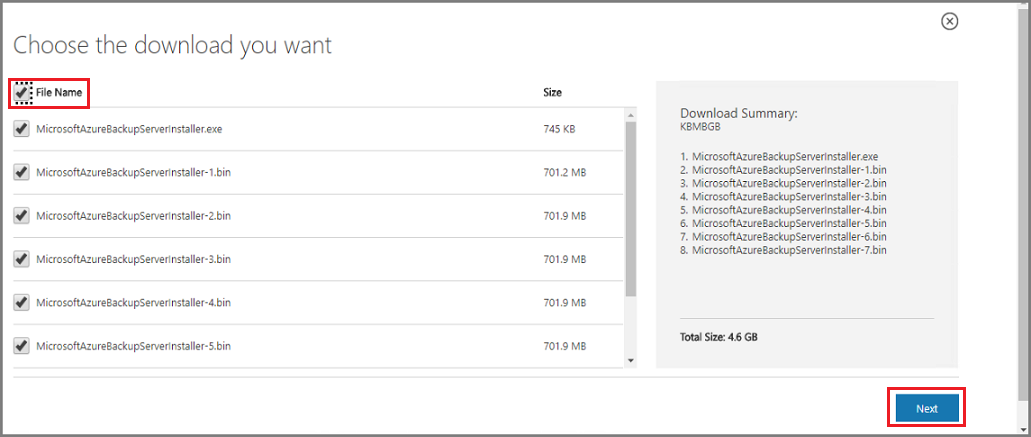 Area download, file selezionati