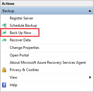 Screenshot che mostra come avviare il backup di Windows Server.