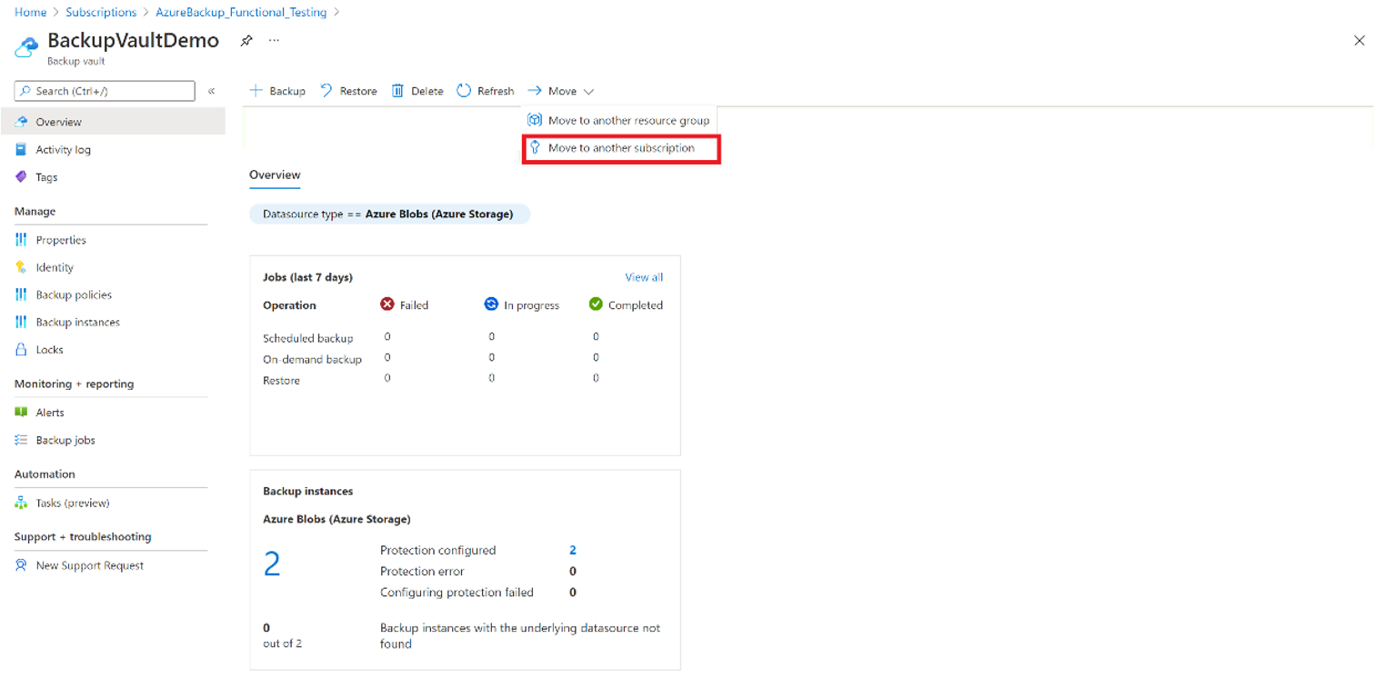 Screenshot che mostra l'opzione per spostare l'insieme di credenziali di Backup in un'altra sottoscrizione di Azure.