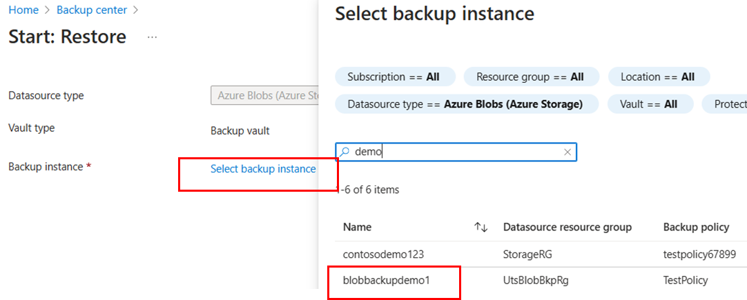 Selezionare Istanza di backup