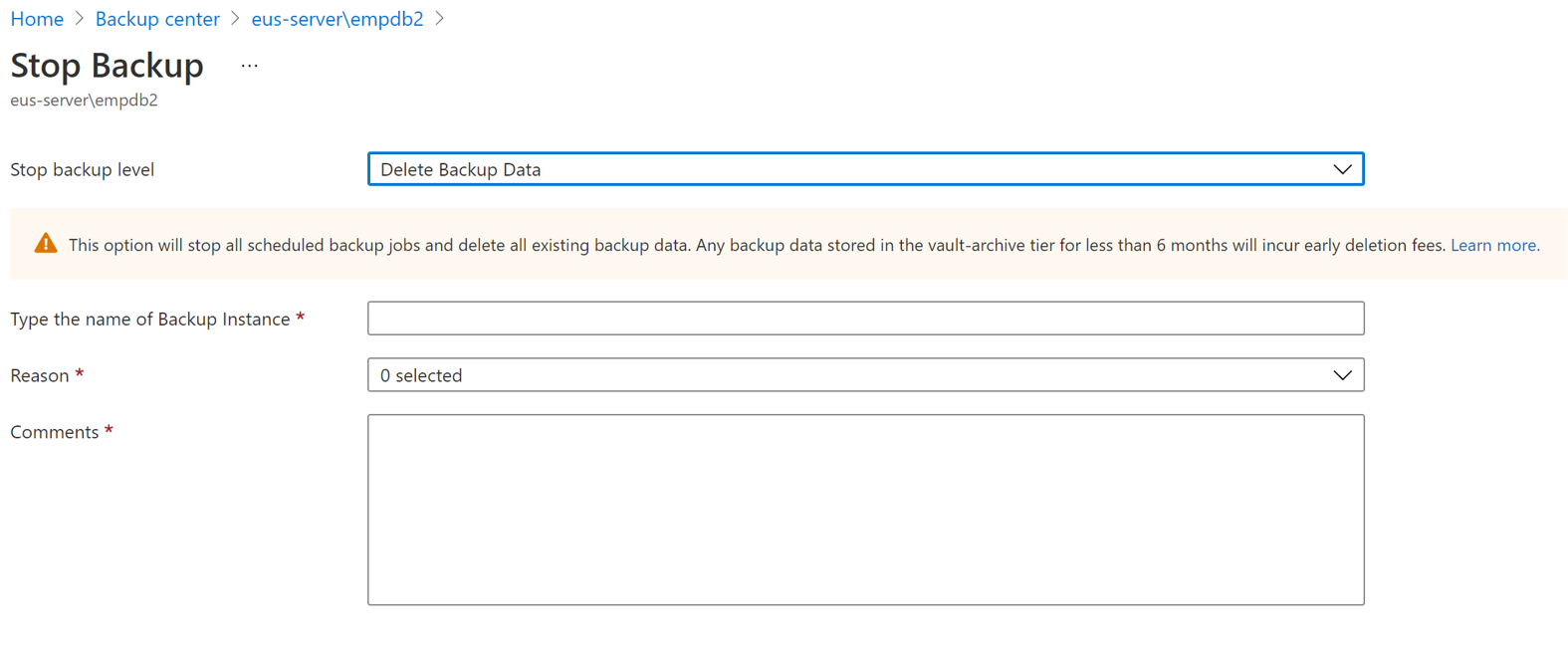 Screenshot che mostra l'opzione per eliminare i dati di backup e i dettagli necessari per essere aggiunti.