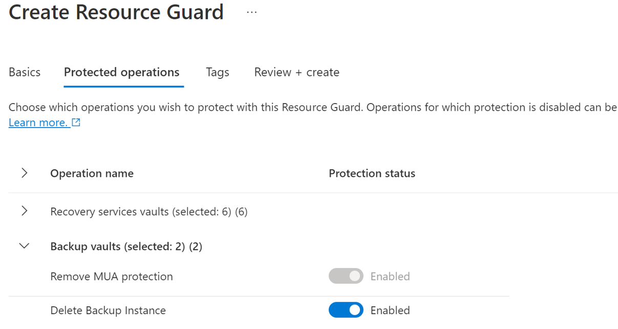 Screenshot che mostra come selezionare le operazioni per la protezione con Resource Guard.