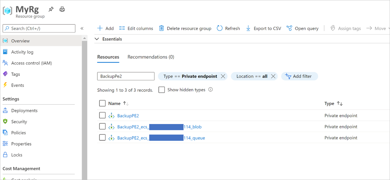 Risorse dell'endpoint privato