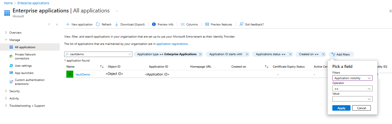 Screenshot che mostra il processo per copiare l'ID applicazione dell'insieme di credenziali.