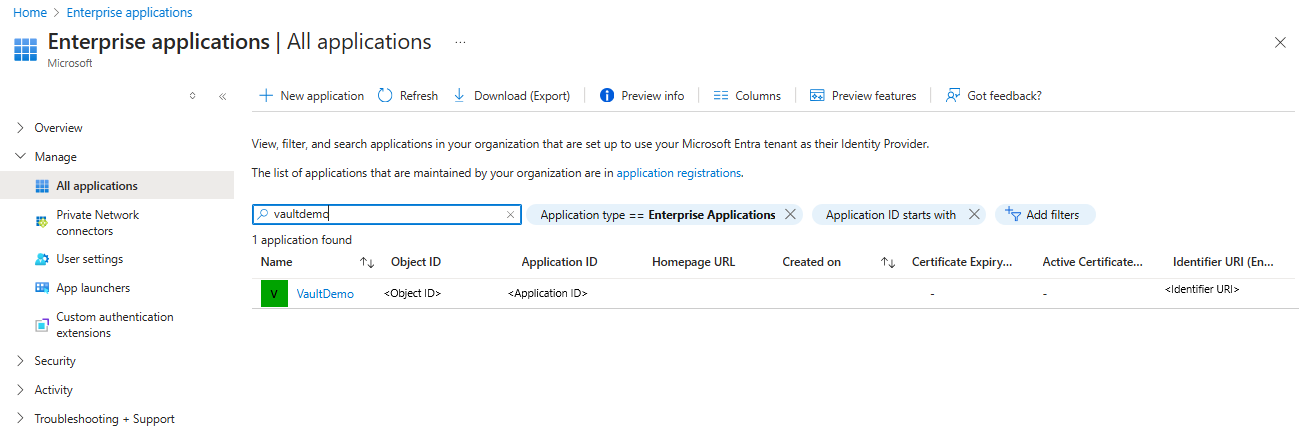 Screenshot che mostra il processo per ottenere l'ID applicazione dell'identità del servizio gestito dell'insieme di credenziali.