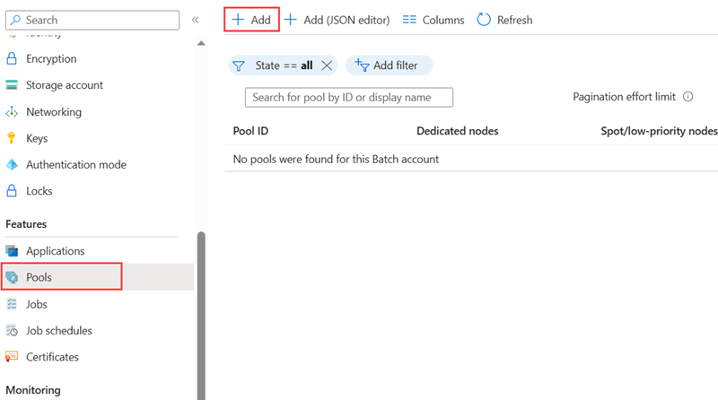 Screenshot della pagina Pool in un account Batch in cui sono evidenziati l'opzione Pool nel riquadro di spostamento a sinistra e il pulsante Aggiungi nella pagina Pool.