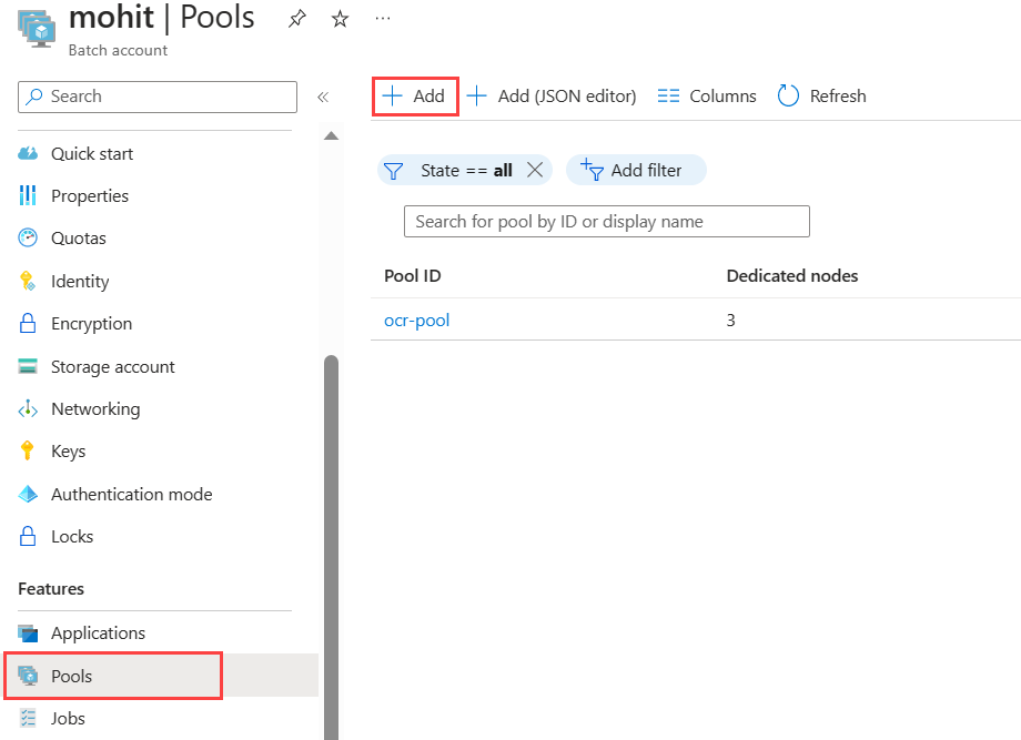 Screenshot della pagina Pool in un account Batch che evidenzia il pulsante Aggiungi.