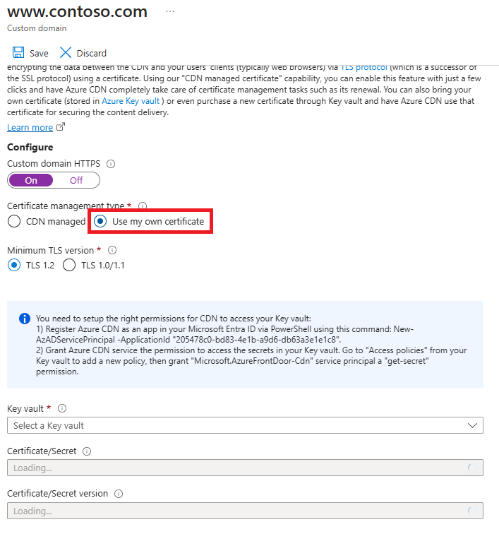 Screenshot di come configurare il certificato per l'endpoint di rete CDN.