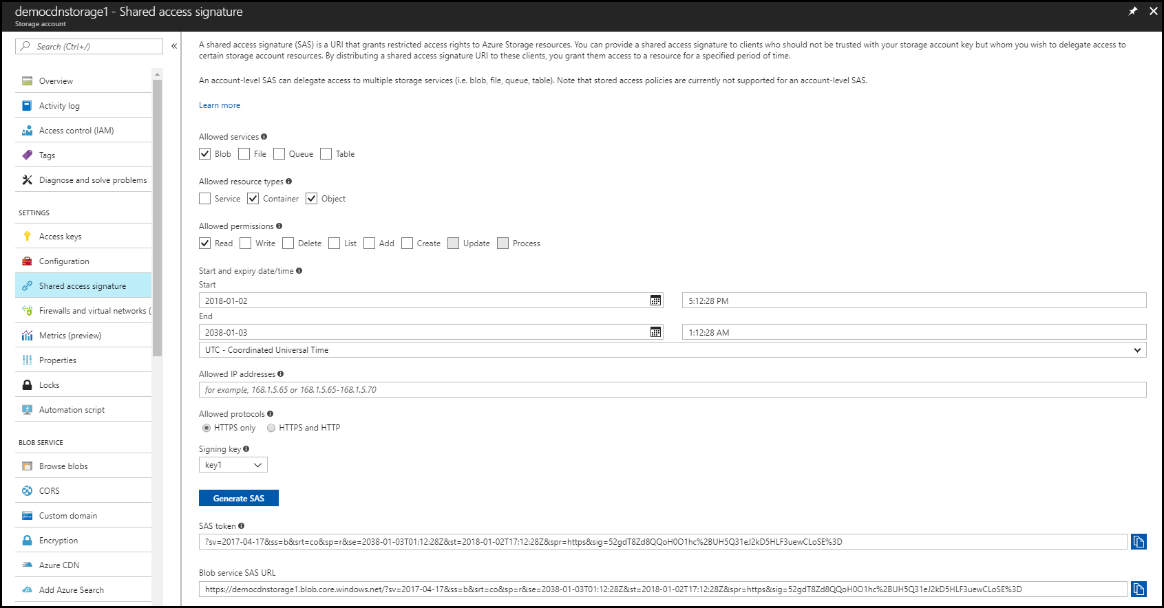 Screenshot che mostra le impostazioni della firma di accesso condiviso della rete per la distribuzione di contenuti.