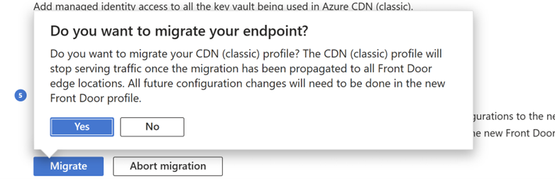 Screenshot del pulsante di migrazione e conferma per la migrazione di Frontdoor.