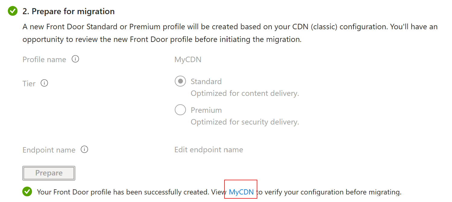 Screenshot del collegamento per visualizzare il nuovo profilo di Frontdoor di sola lettura.