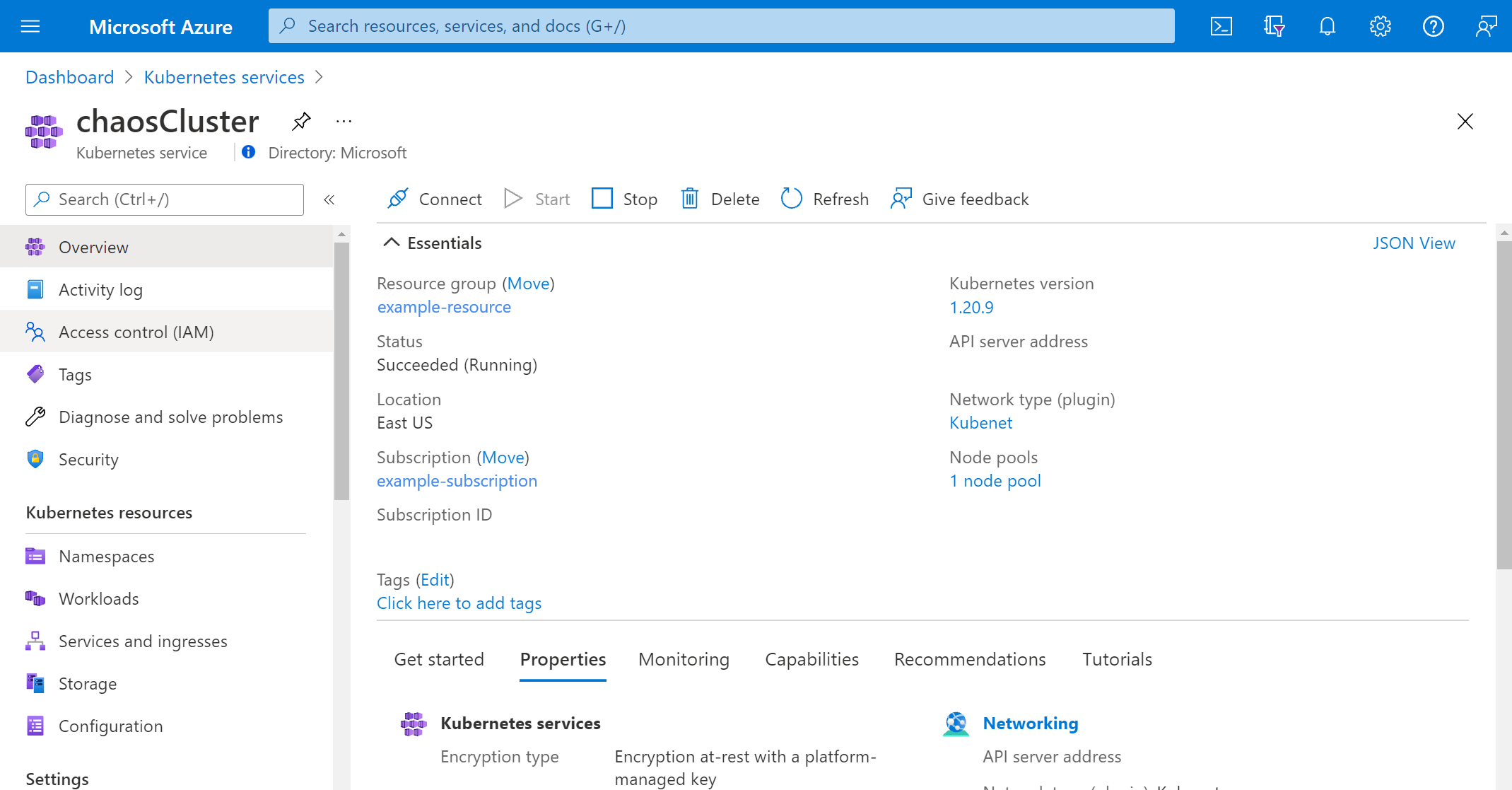 Screenshot che mostra la pagina Panoramica del servizio Azure Kubernetes.