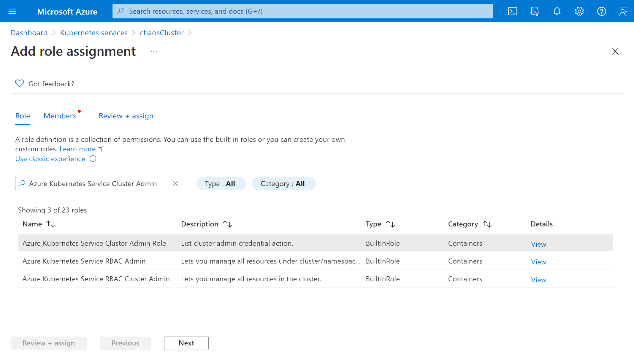 Screenshot che mostra l'assegnazione del ruolo di amministratore del cluster del servizio Azure Kubernetes.