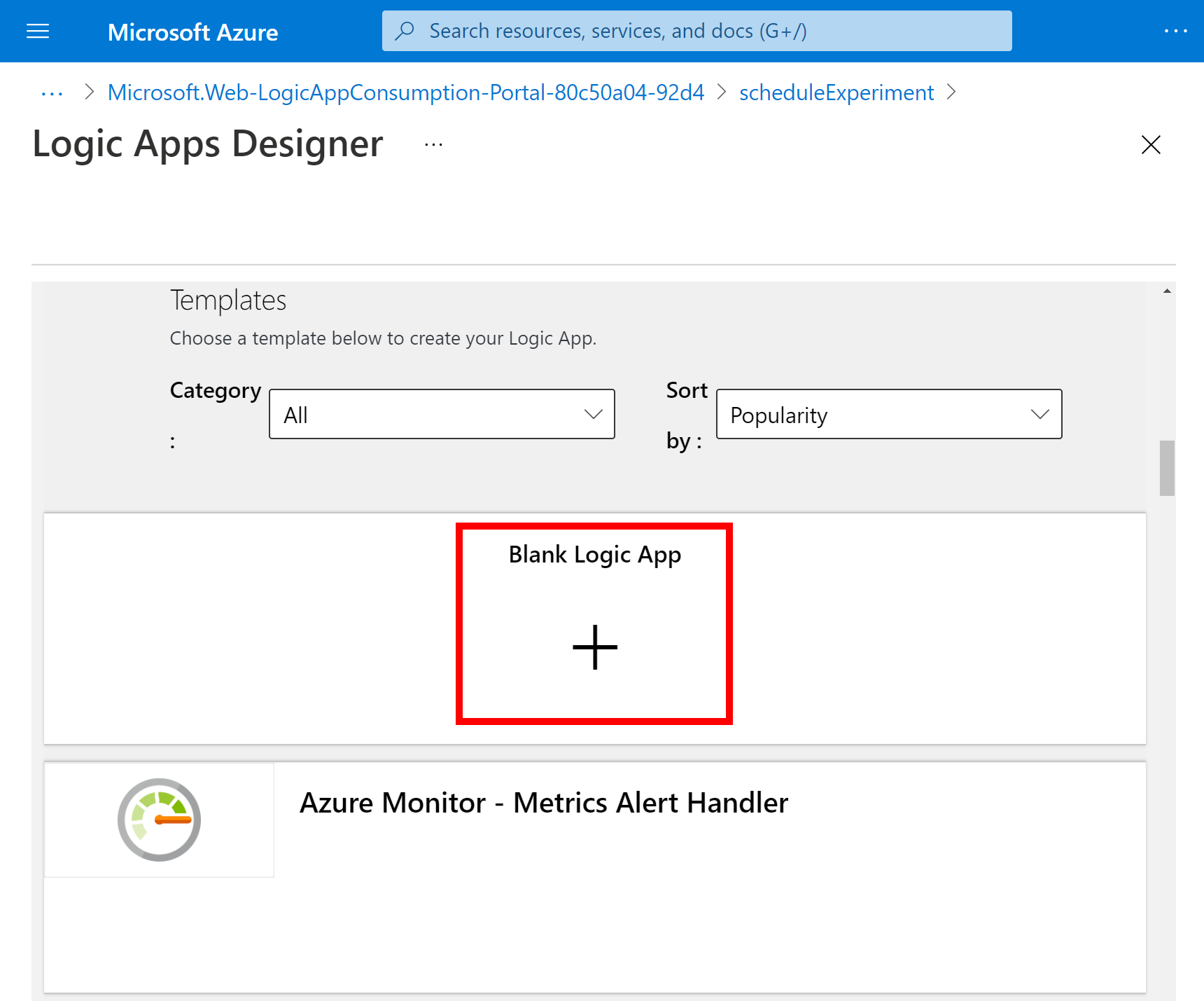 Screenshot che mostra il riquadro di selezione del modello App per la logica con l'opzione App per la logica vuota selezionata.