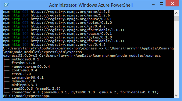 Visualizzazione dell'output del comando npm install express in Windows PowerShell.