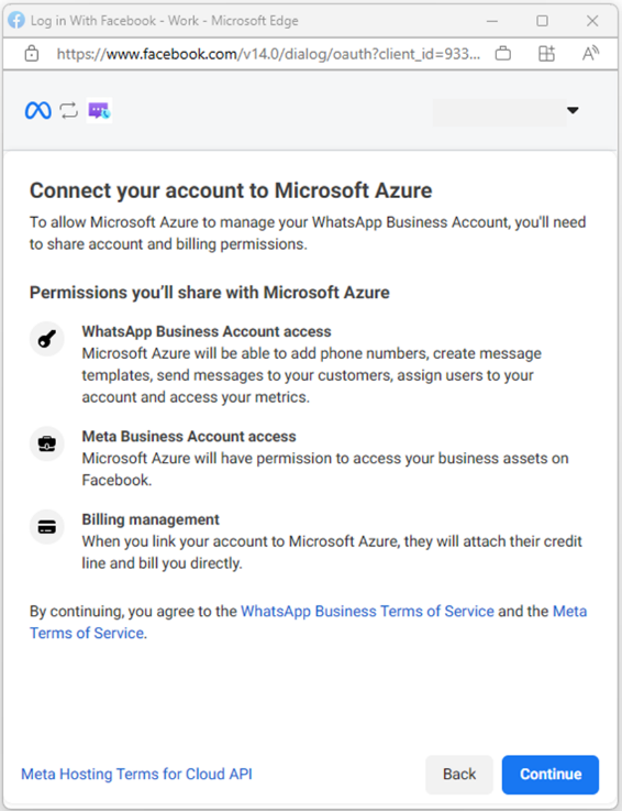 Screenshot che mostra le autorizzazioni di Azure per l'account WhatsApp Business.