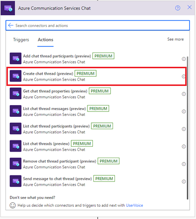 Screenshot che mostra l'azione crea un thread di chat Servizi di comunicazione di Azure connettore chat.