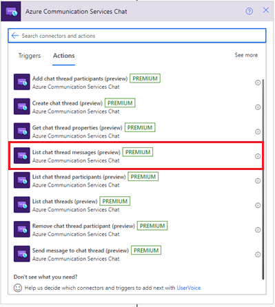 Screenshot che mostra l'azione Elenca messaggi di chat Servizi di comunicazione di Azure connettore Chat.