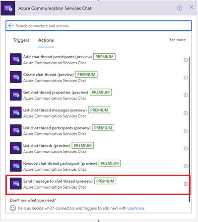 Screenshot che mostra l'azione Invia messaggio di chat Servizi di comunicazione di Azure connettore Chat.