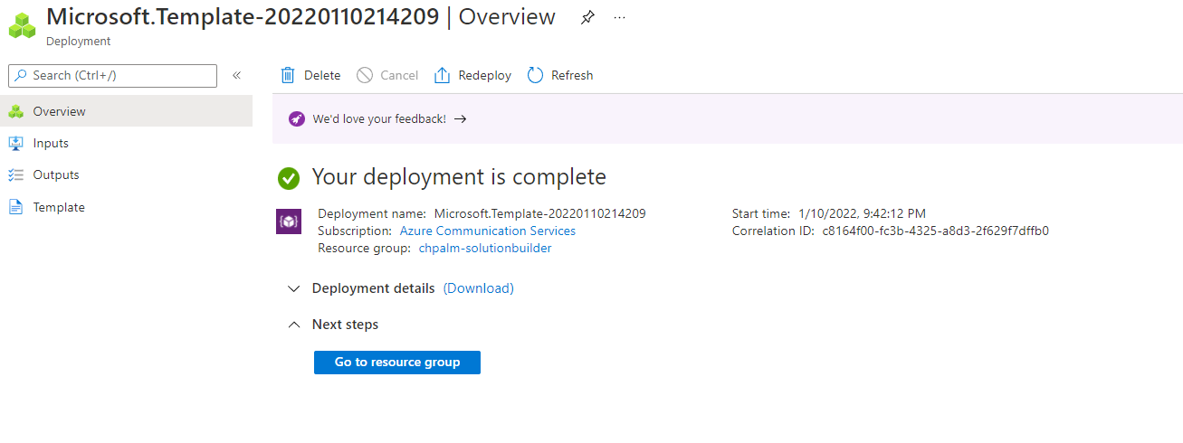 Screenshot di un modello di Azure Resource Manager completato.