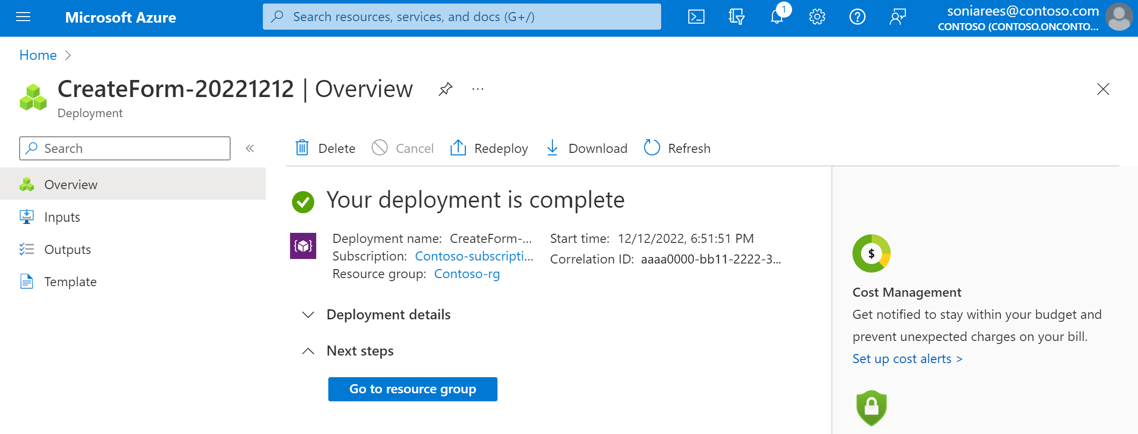 Screenshot della schermata Crea un gateway di comunicazione di Azure che mostra una schermata di distribuzione completata.