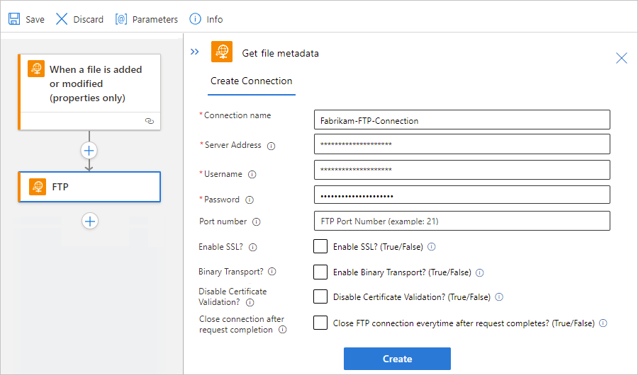 Screenshot che mostra la finestra di progettazione del flusso di lavoro Standard, l'azione del connettore gestito FTP e il profilo di connessione.