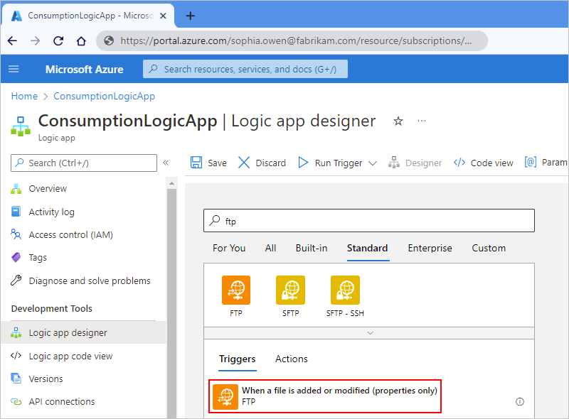 Screenshot che mostra portale di Azure, progettazione flussi di lavoro a consumo e trigger FTP selezionati.