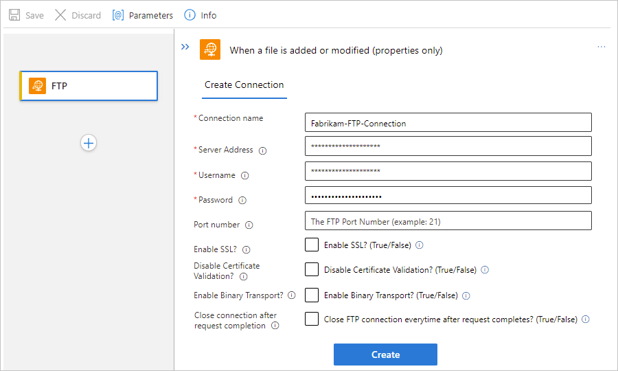 Screenshot che mostra la finestra di progettazione del flusso di lavoro Standard, il trigger del connettore gestito FTP e il profilo di connessione.