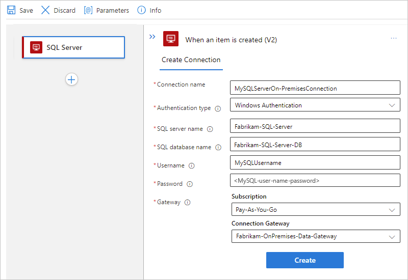 Screenshot che mostra il portale di Azure, il flusso di lavoro Standard e le informazioni di connessione locali di SQL Server con l'autenticazione selezionata.