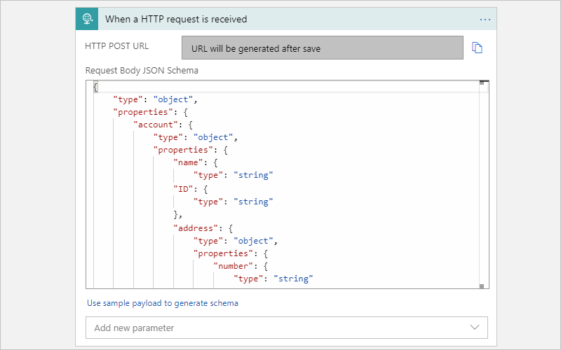 Screenshot che mostra il flusso di lavoro a consumo e il trigger di richiesta con schema JSON di esempio.