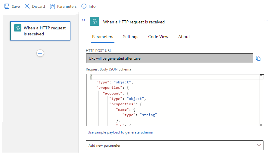 Screenshot che mostra il flusso di lavoro Standard e il trigger di richiesta con schema JSON di esempio.