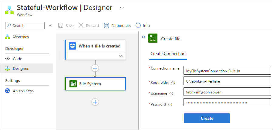 Screenshot che mostra la finestra di progettazione del flusso di lavoro standard e le informazioni di connessione per l'azione connettore predefinita del file system.