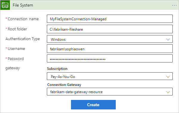 Screenshot che mostra la finestra di progettazione del flusso di lavoro a consumo e le informazioni di connessione per il trigger del connettore gestito del file system.