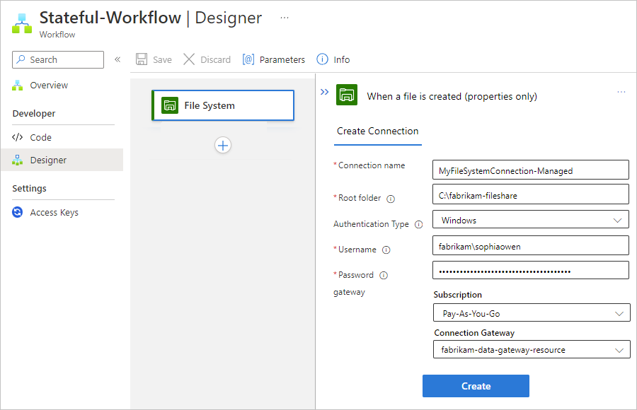 Screenshot che mostra la finestra di progettazione del flusso di lavoro standard e le informazioni di connessione per il trigger del connettore gestito del file system.