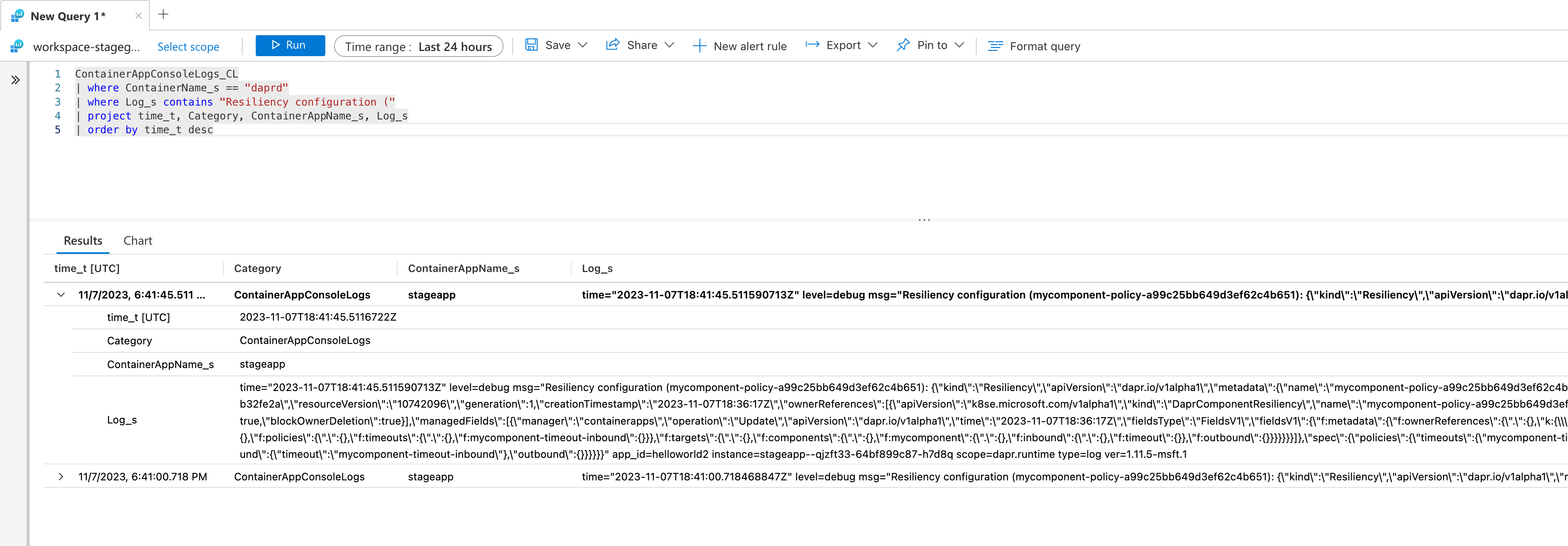 Screenshot che mostra i risultati delle query con resilienza in base all'esempio di query fornito per trovare i criteri di resilienza effettivi.